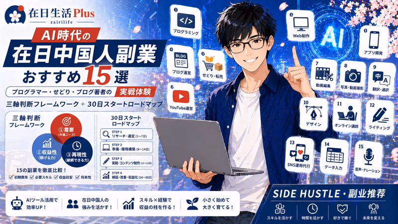 【2026年版】AI时代在日中国人副业推荐15选：程序员・转卖・博客作者亲身实战（含三轴判断框架与30天起步路线图）