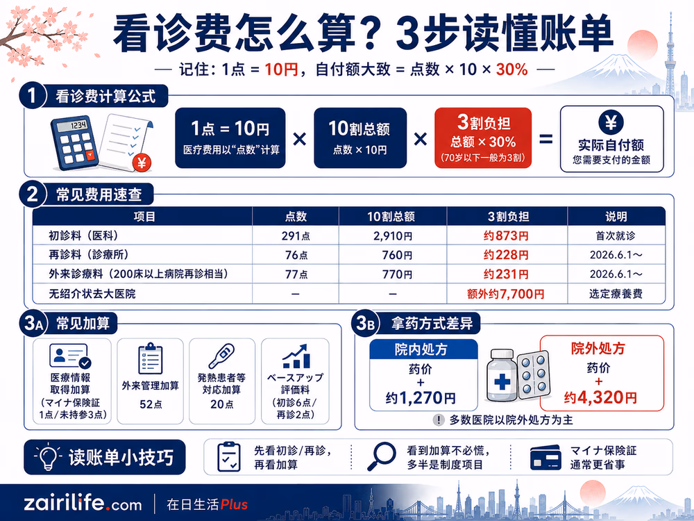 看诊费怎么算？3步读懂账单：1点=10円、常见费用速查、加算与院内·院外处方差额