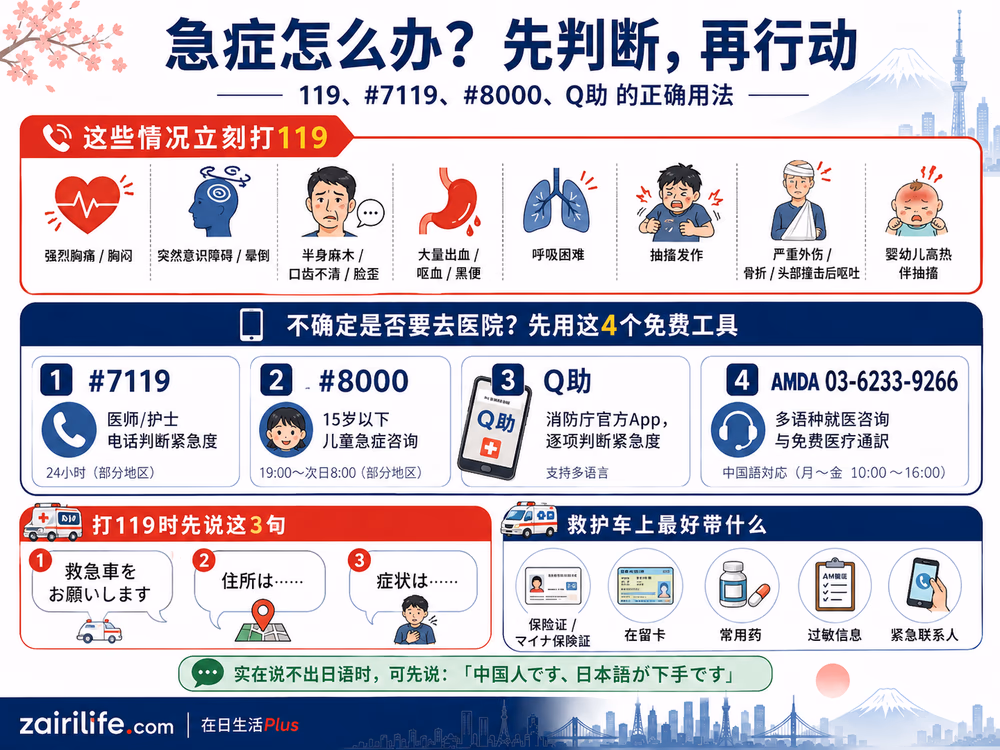 急症怎么办？先判断、再行动：119、#7119、#8000、Q助、AMDA的正确用法